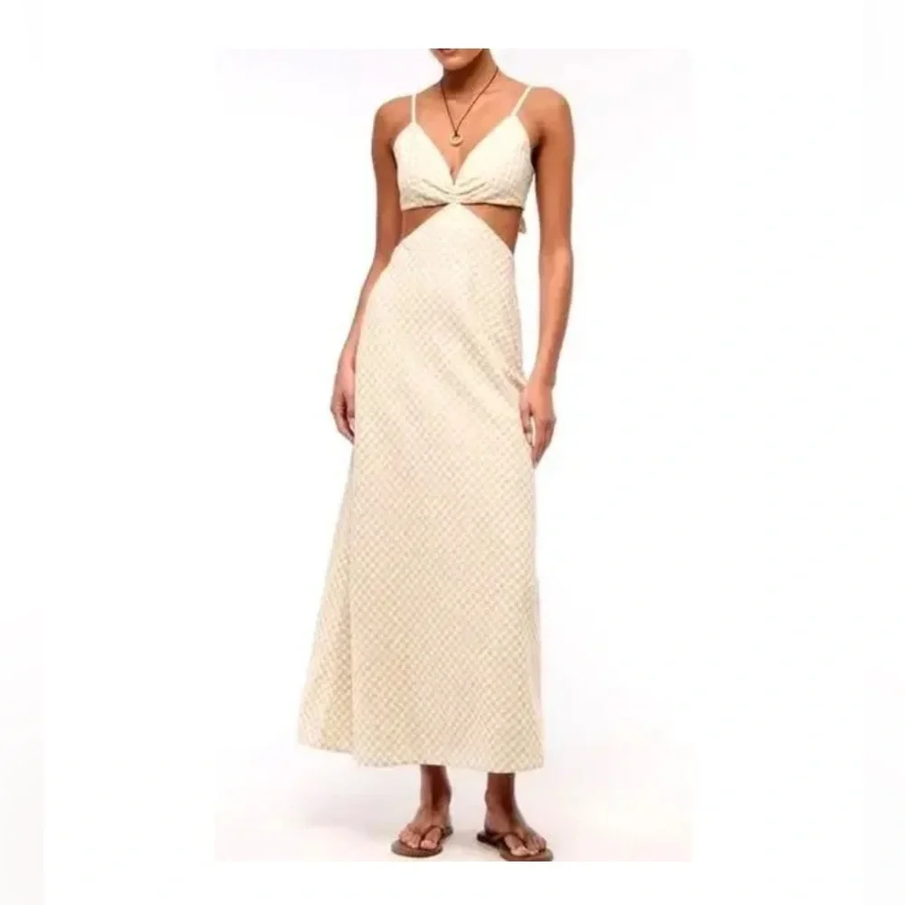 Abercrombie & Fitch Tan Gingham Linen Cotton Julia Slip Cutout Maxi Dress Medium